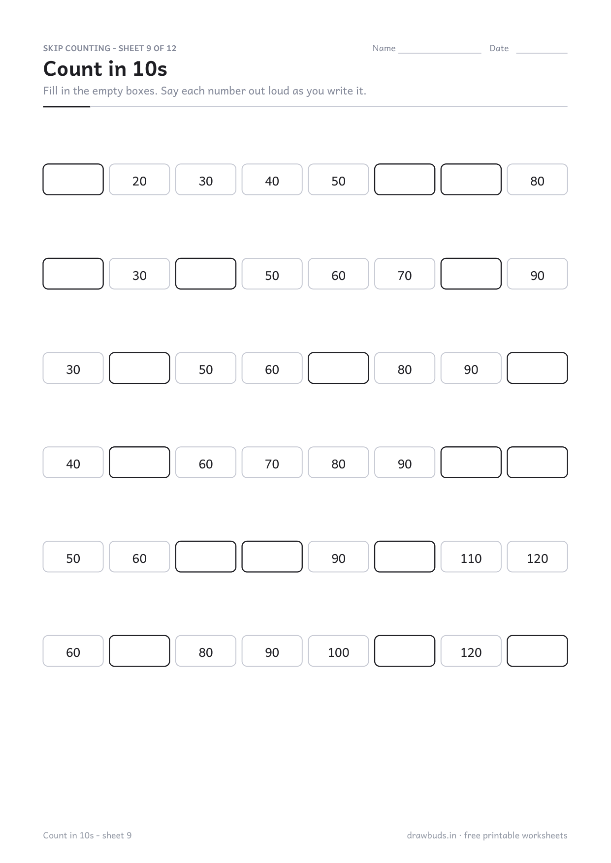 Skip counting worksheet counting in tens with gaps to fill