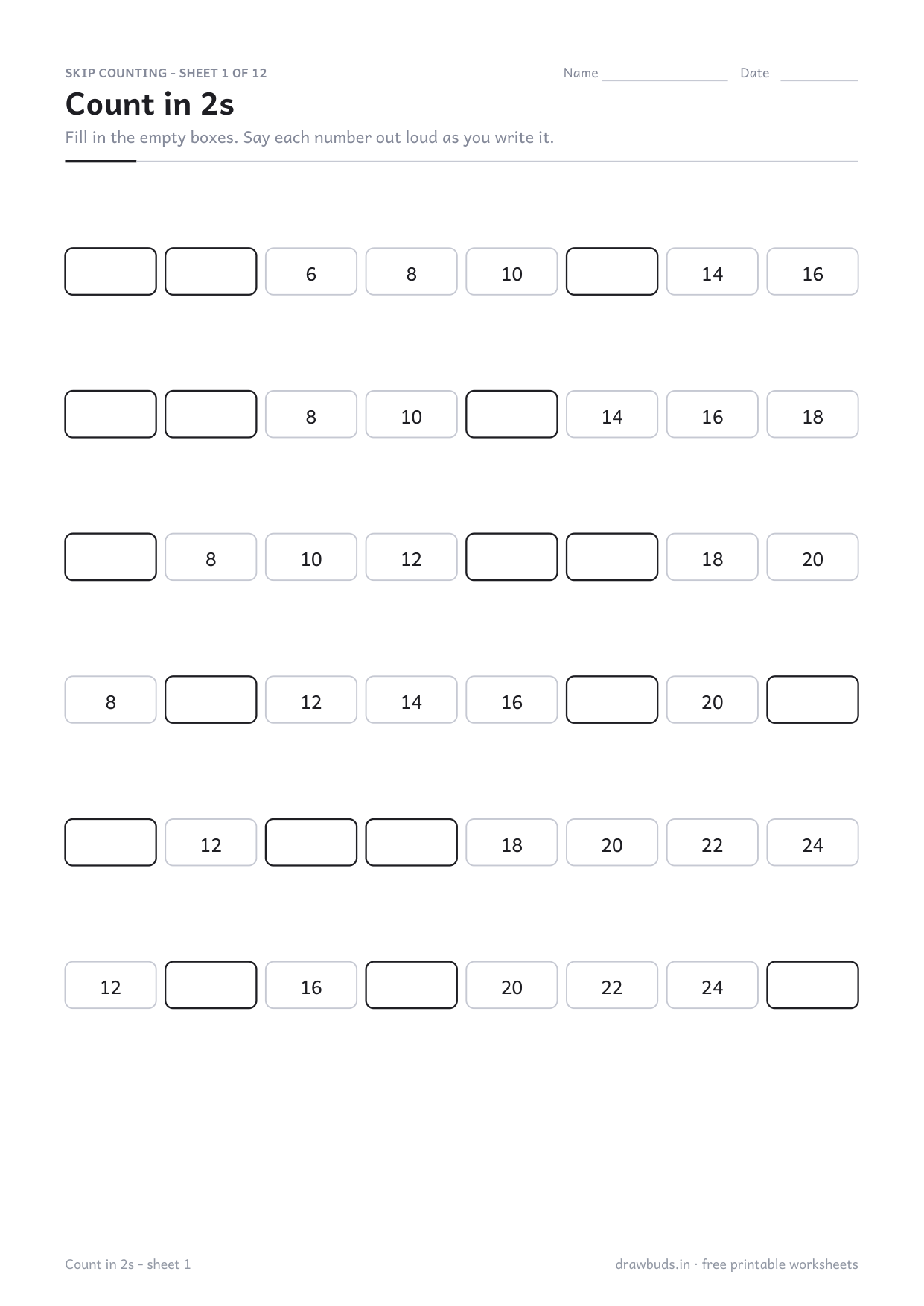 Skip counting worksheet counting in twos with gaps to fill