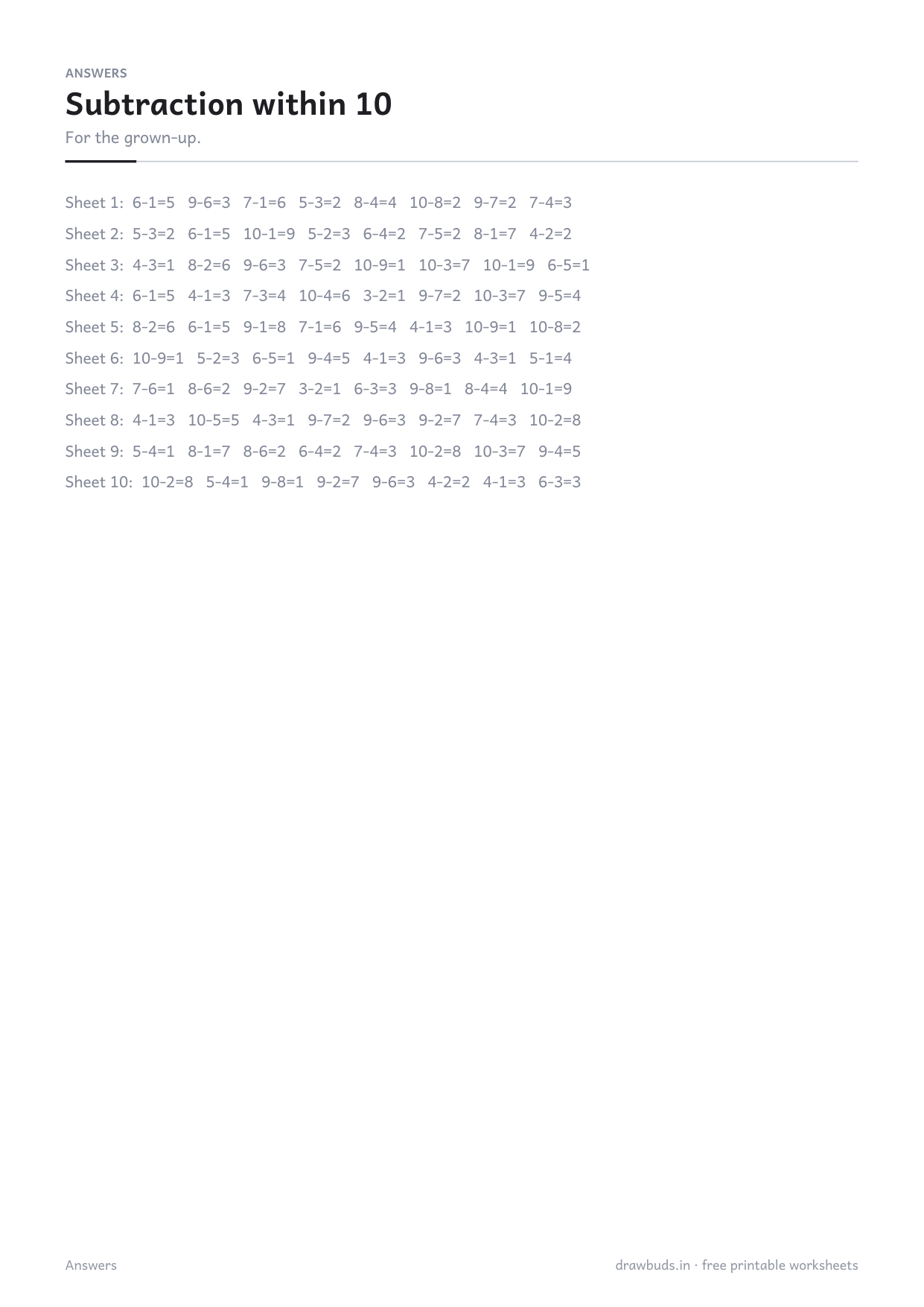 The answer page listing all eighty sums
