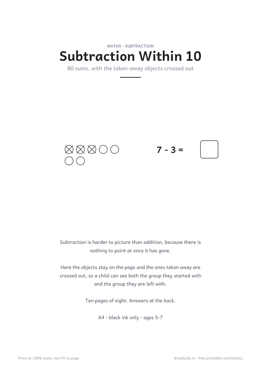 Subtraction Within 10 Worksheets — printable PDF page preview