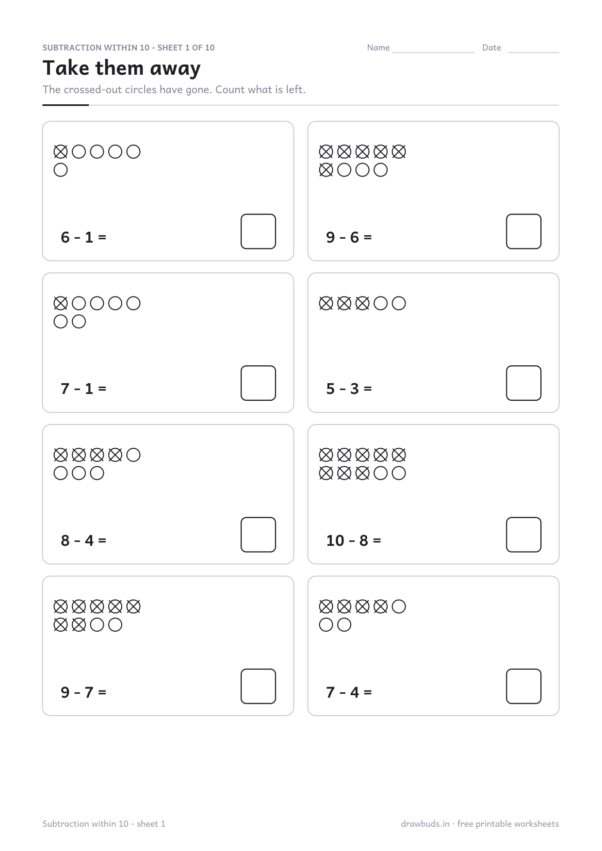 Subtraction worksheet with eight sums and crossed-out circles