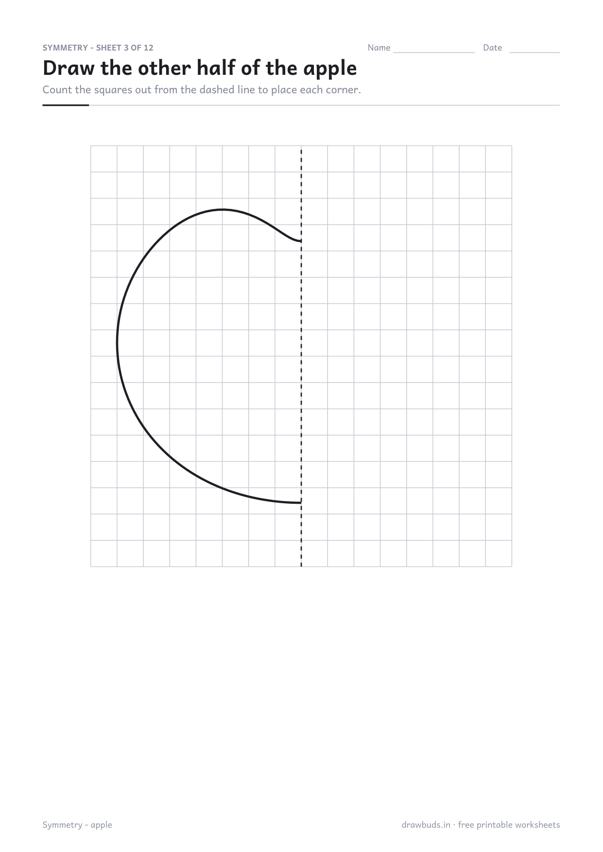 Symmetry worksheet with half an apple drawn on a grid