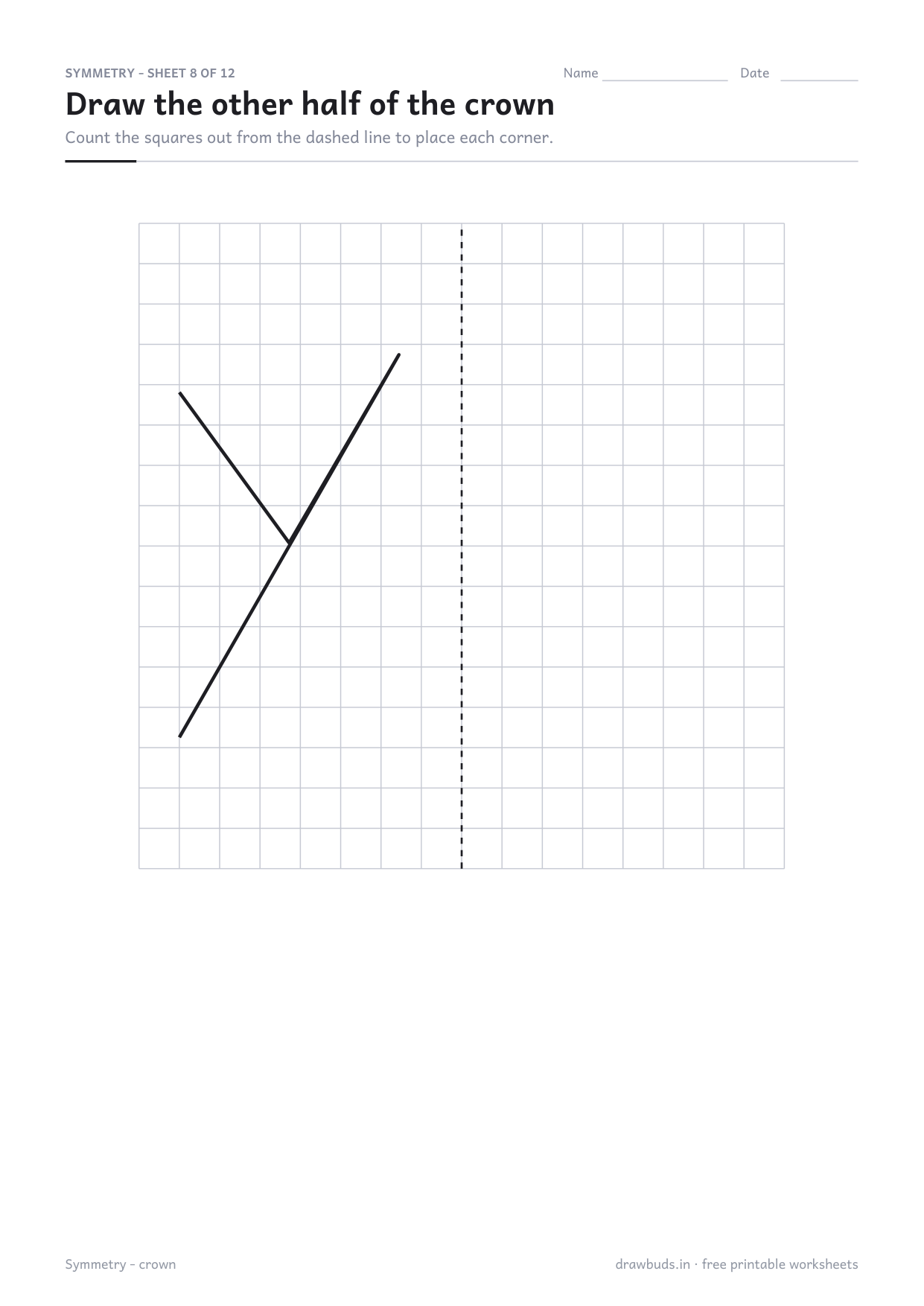 Symmetry worksheet with half a crown drawn on a grid