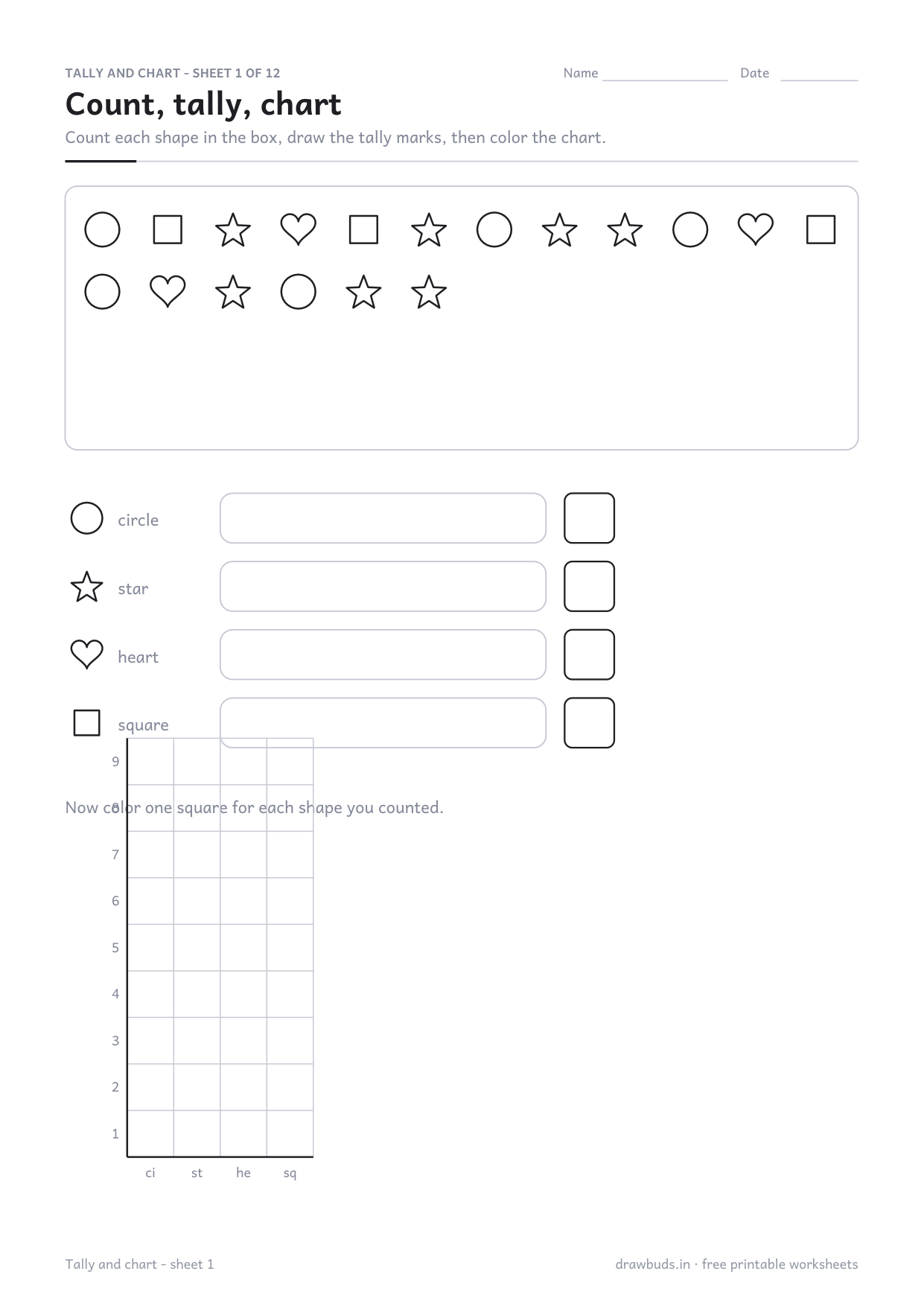 Data worksheet with shapes to count, a tally row and a bar chart