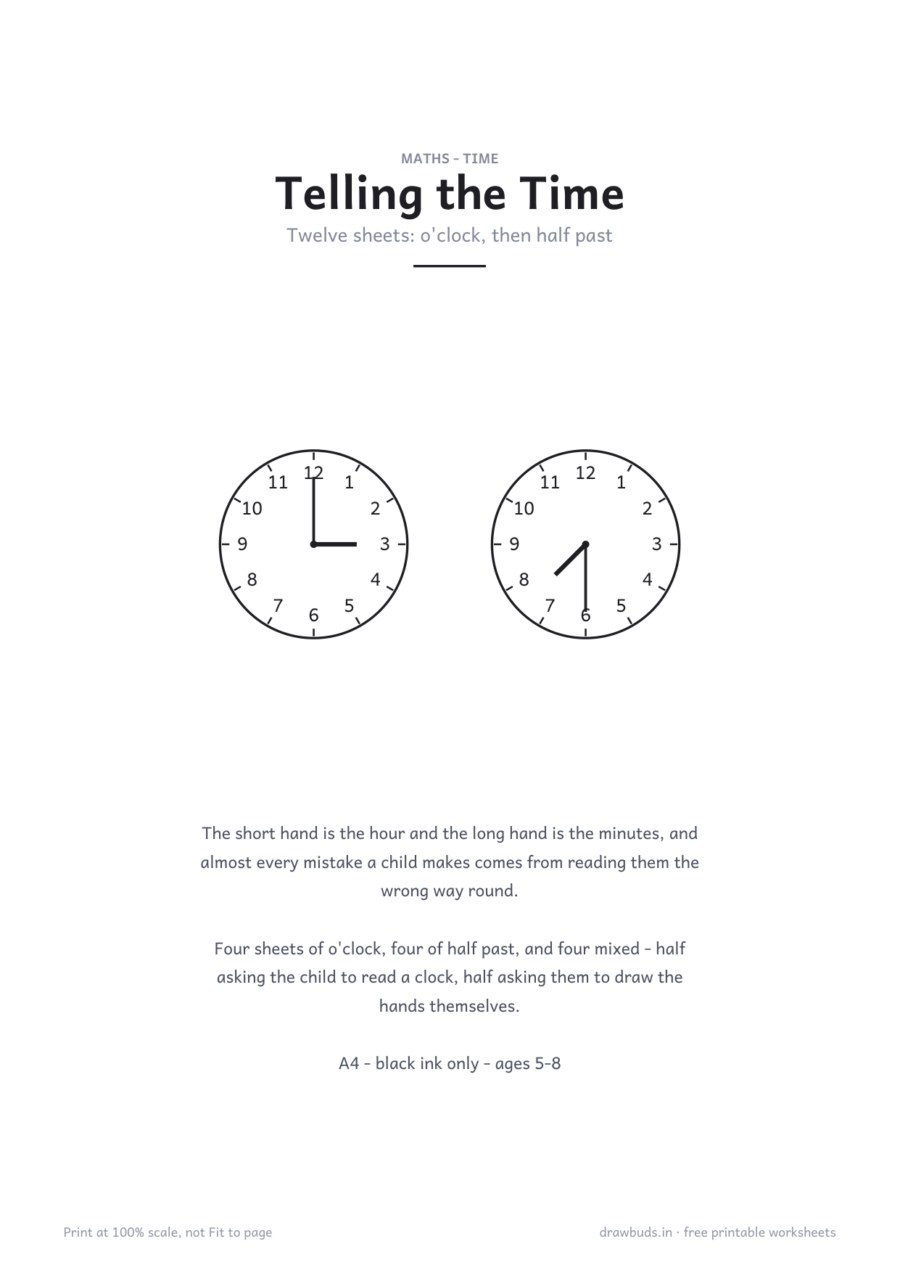 Telling the Time: O’clock and Half Past — printable PDF page preview