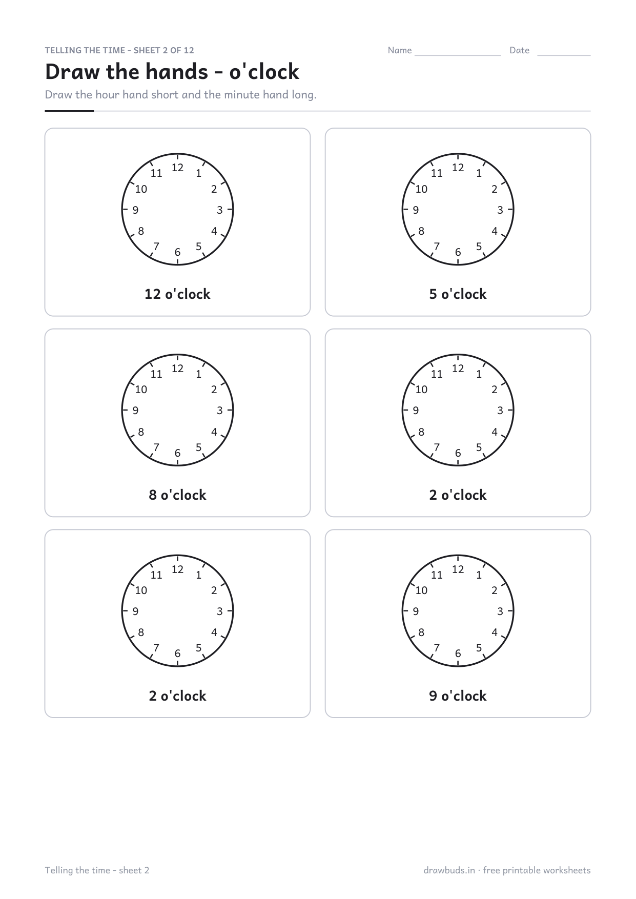 Time worksheet with six empty clock faces and times written below