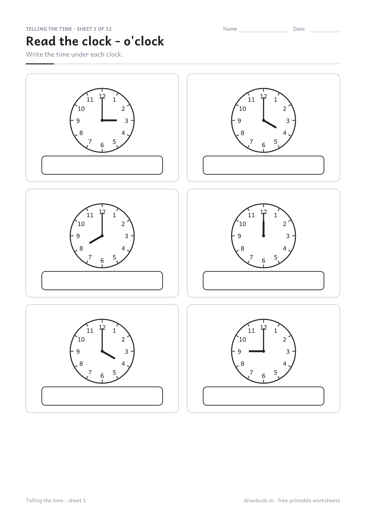 Time worksheet with six clocks to read and boxes to write the time