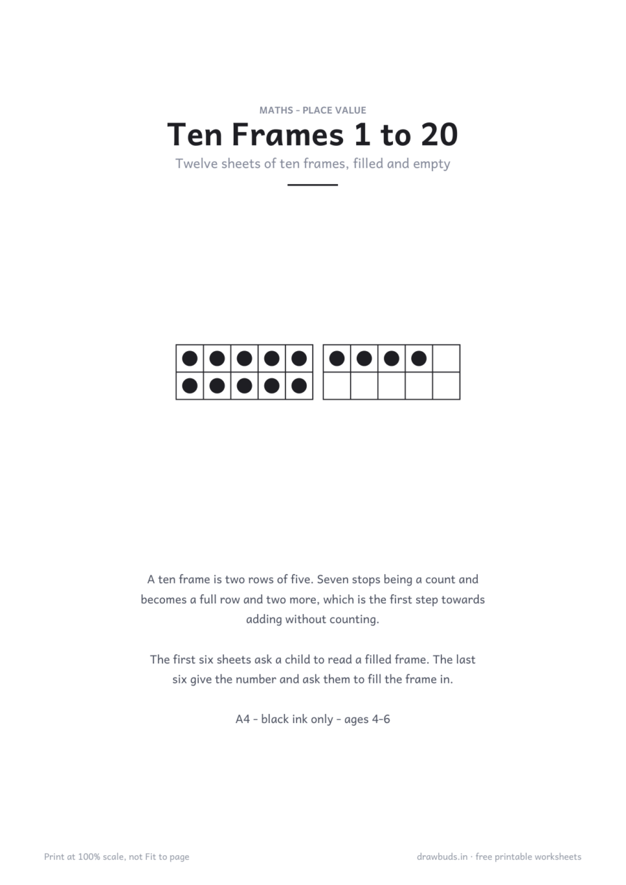 Ten Frames Worksheets 1 to 20 — printable PDF page preview
