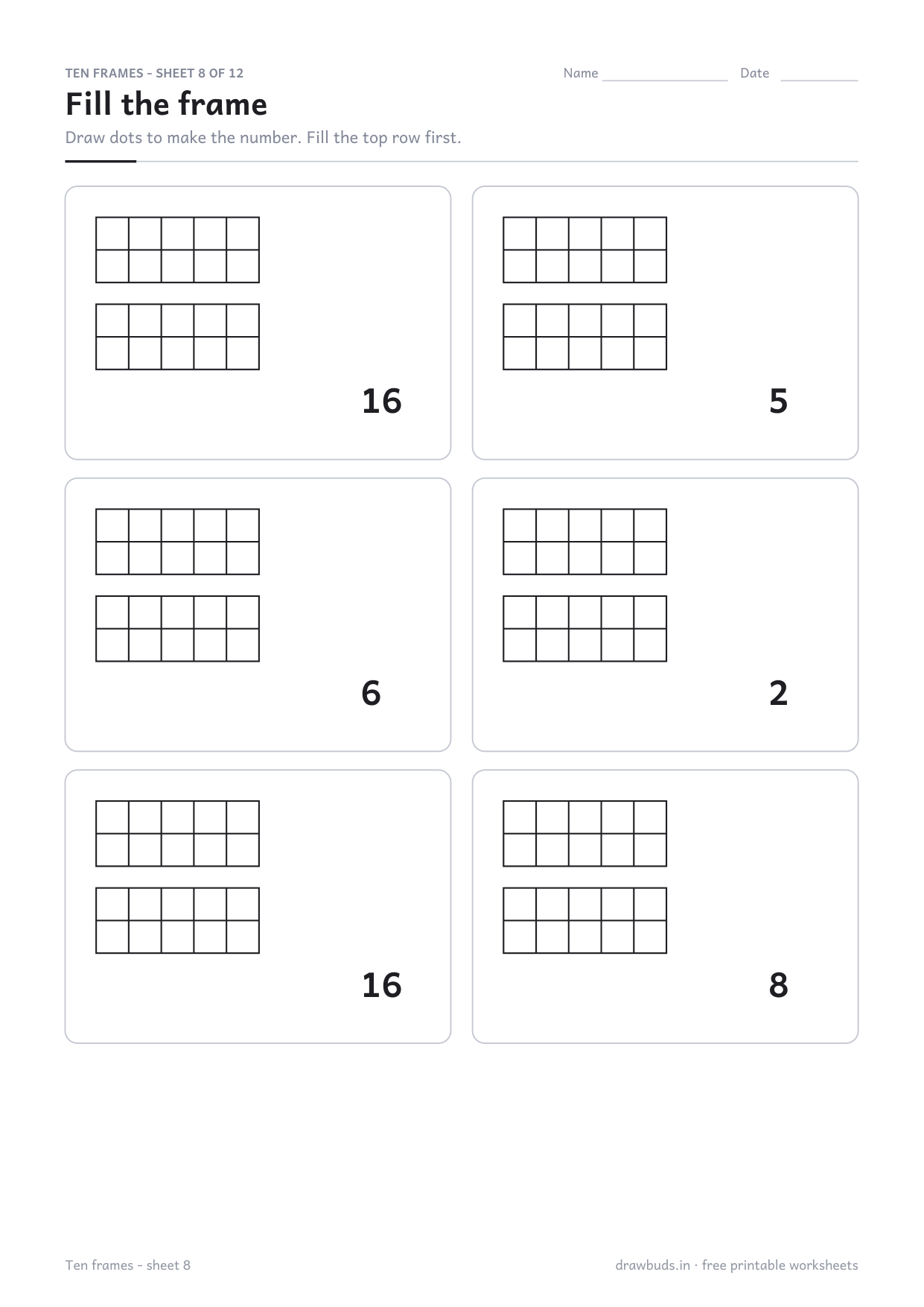 Ten frame worksheet with empty frames and numbers to draw