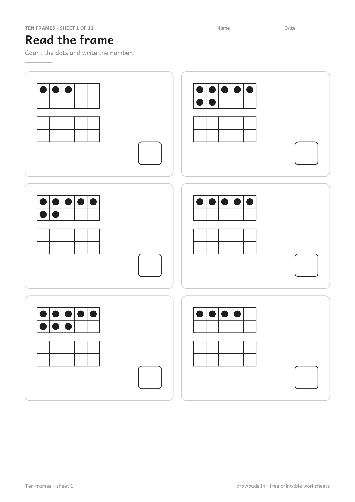 Ten frame worksheet with six filled frames and answer boxes