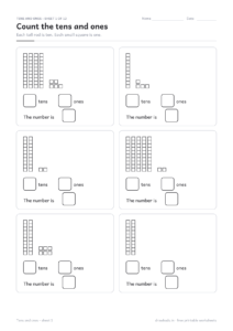 Tens and ones worksheet with base ten rods and unit squares to count