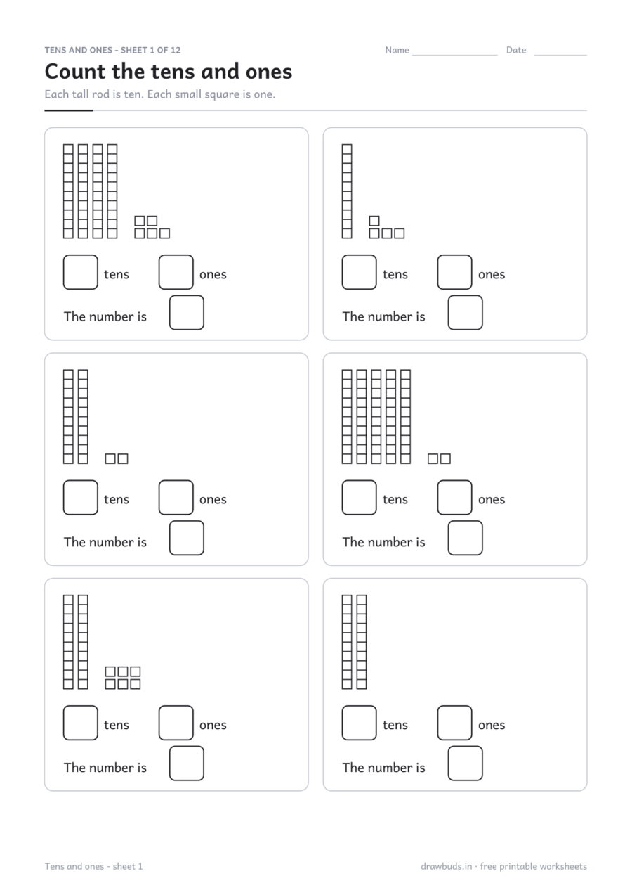 Tens and Ones Worksheets: Place Value to 99 — printable PDF page preview