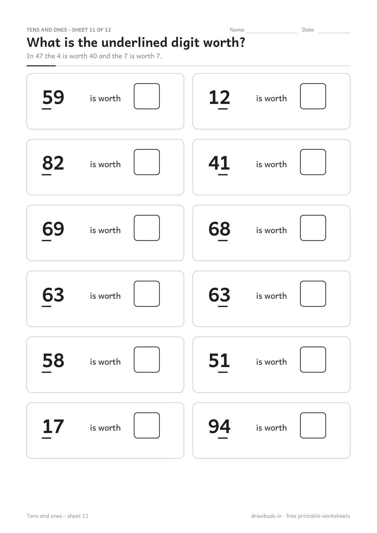 Worksheet asking what an underlined digit is worth in a two digit number