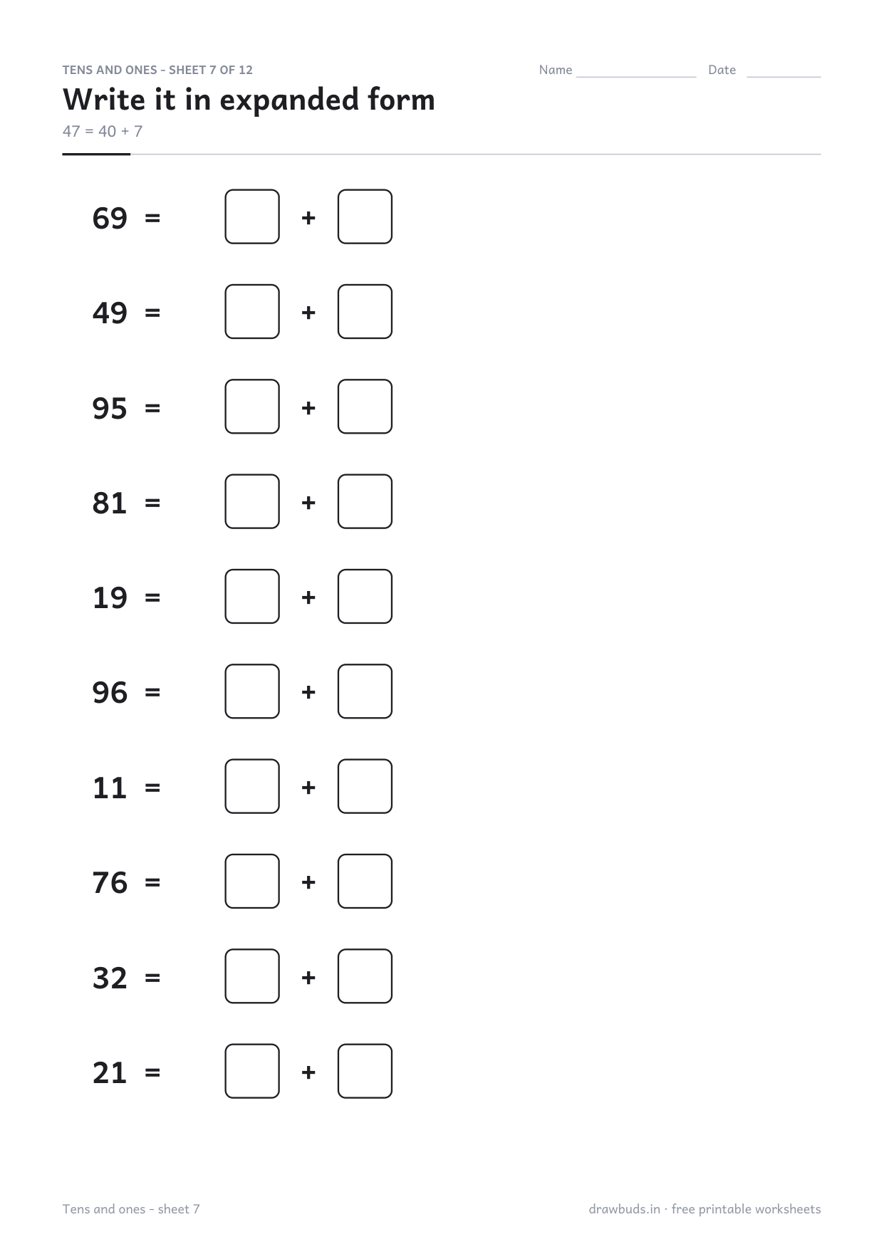 Place value worksheet asking for expanded form, such as 47 = 40 + 7