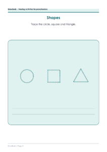 Tracing activity page with a dashed circle, square and triangle to trace