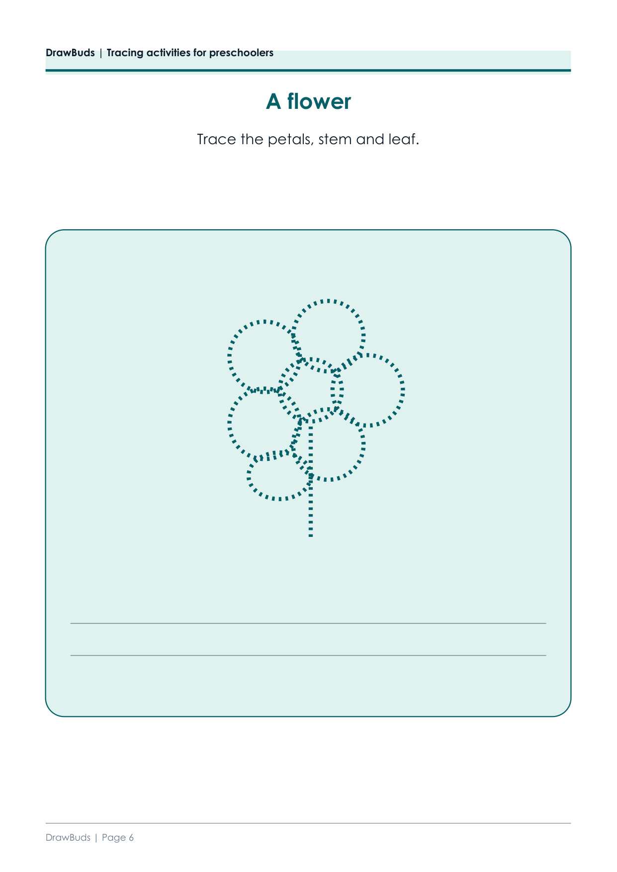 Flower tracing page with dashed petals, stem and leaf