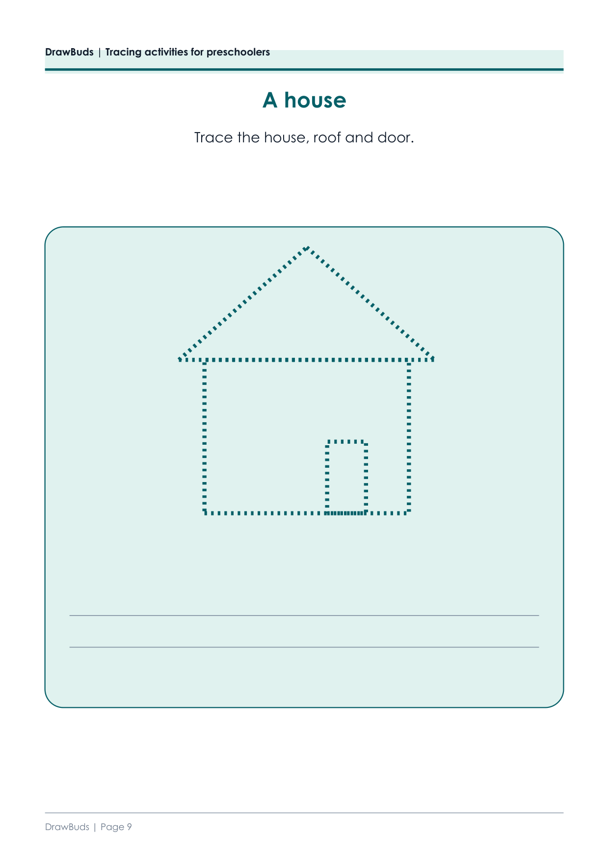 House tracing page with a dashed roof, walls and door
