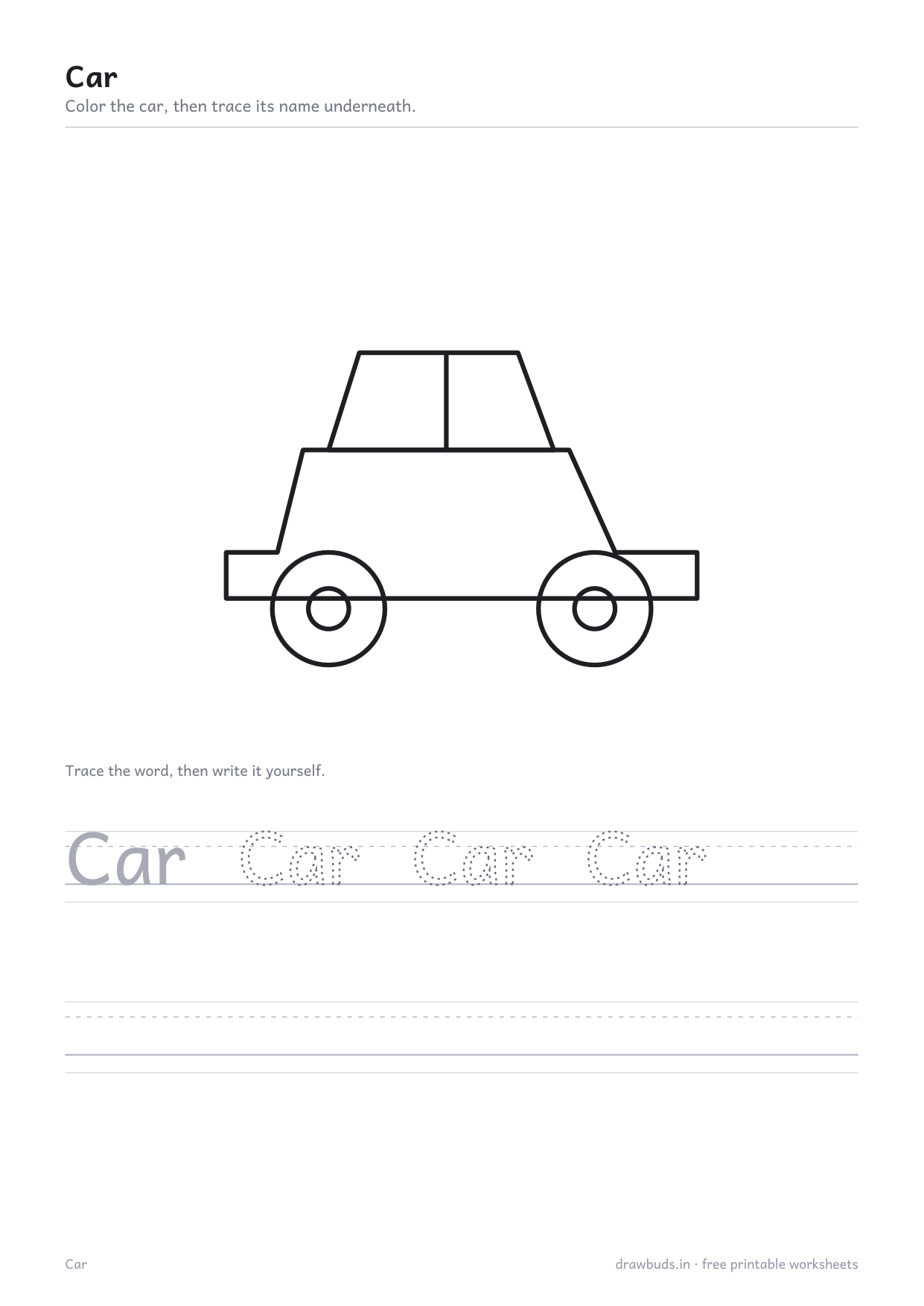 Car coloring and word tracing worksheet with a thick-outline car and the word Car on handwriting rules