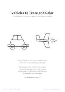 Vehicles to Trace and Color cover page showing a car and a plane in thick outlines