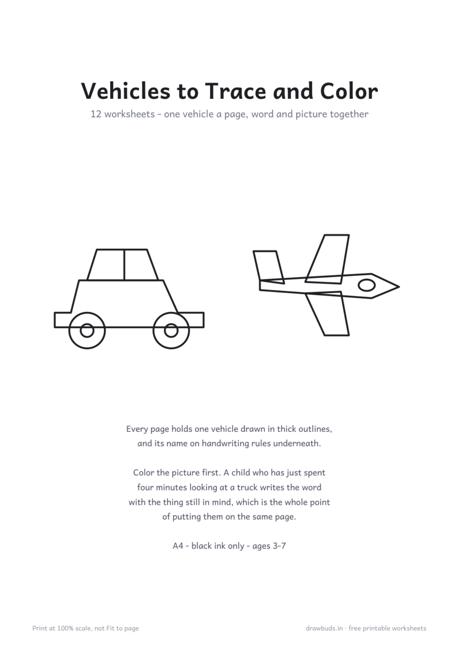 Vehicles to Trace and Color — printable PDF page preview