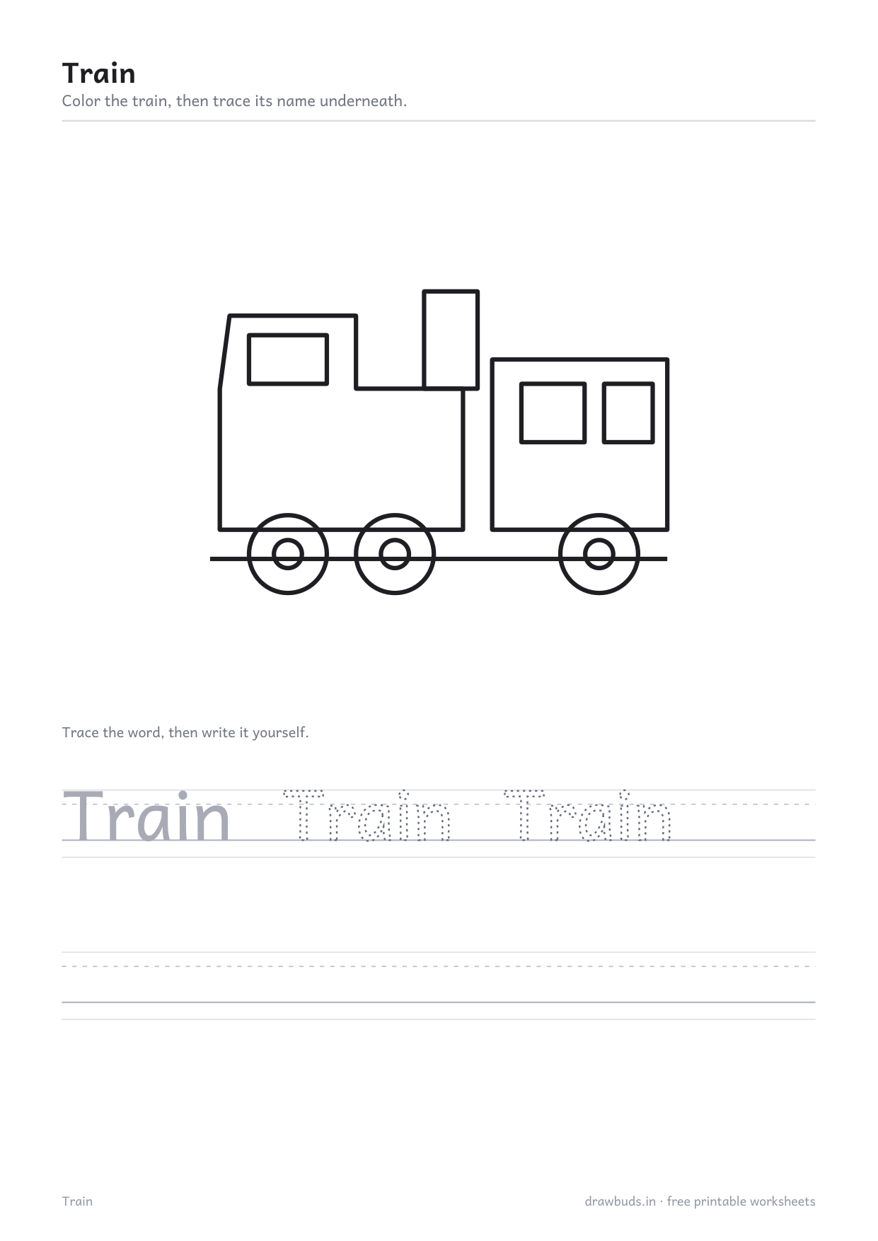 Train worksheet with an engine and carriage to color and the word Train to trace