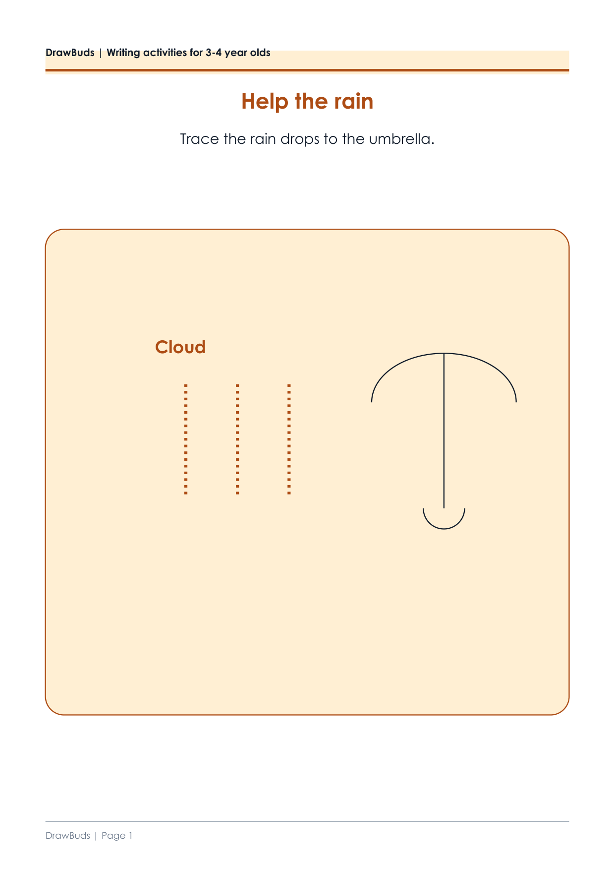 Writing activity page where dashed rain lines are traced from a cloud down to an umbrella