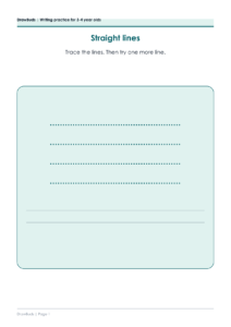 Straight line writing practice page for a 3 year old, four dashed lines to trace and two empty ruled rows