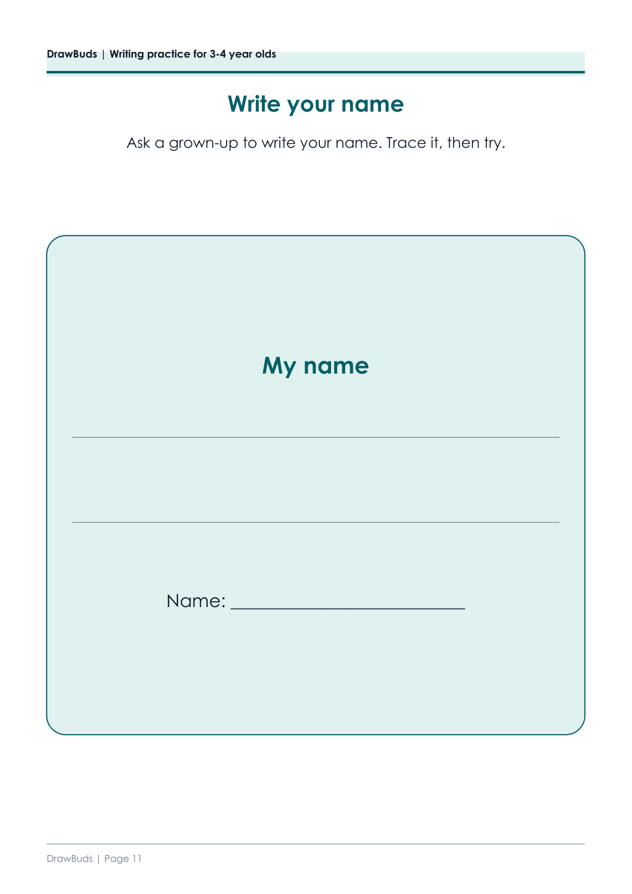 Name writing page with a model line and empty handwriting rows