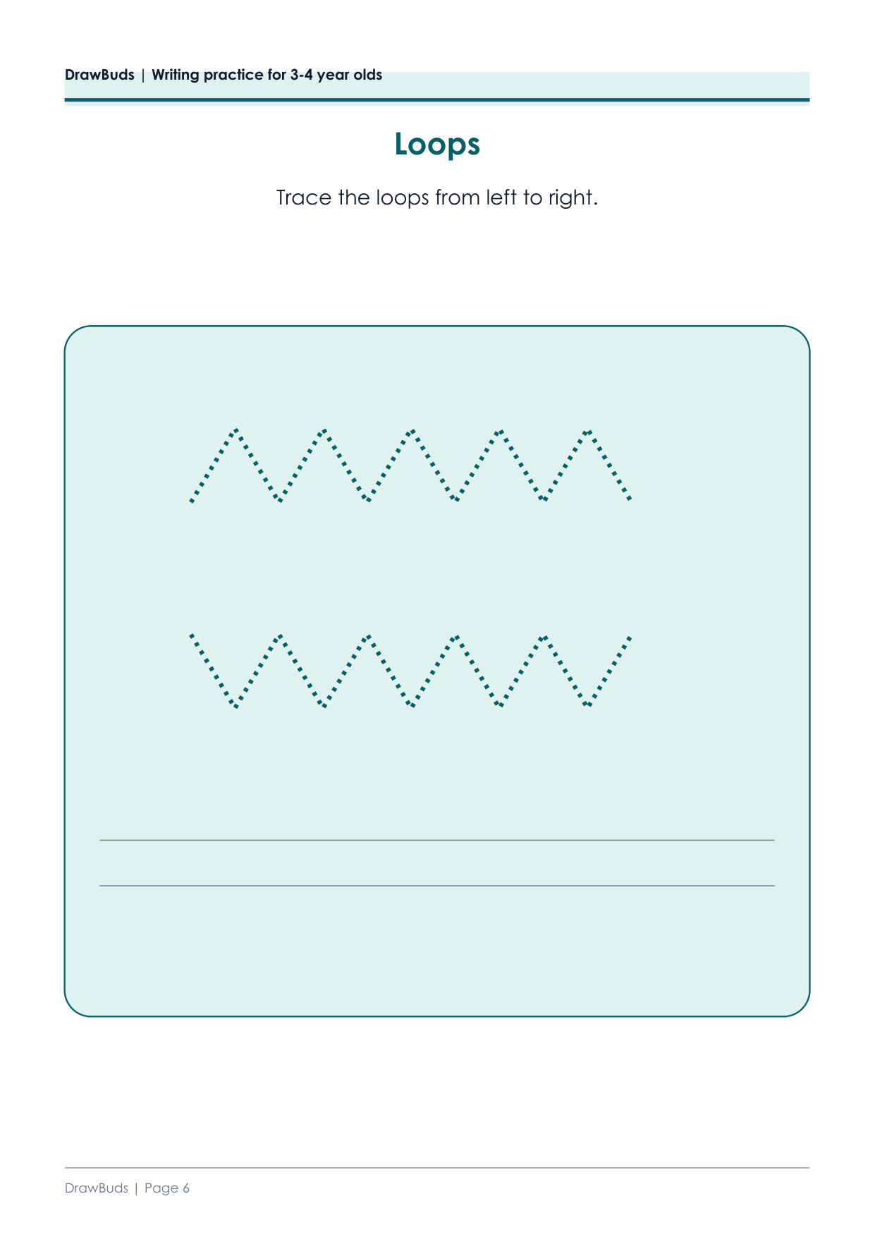 Loop practice page with two rows of linked dashed loops to trace