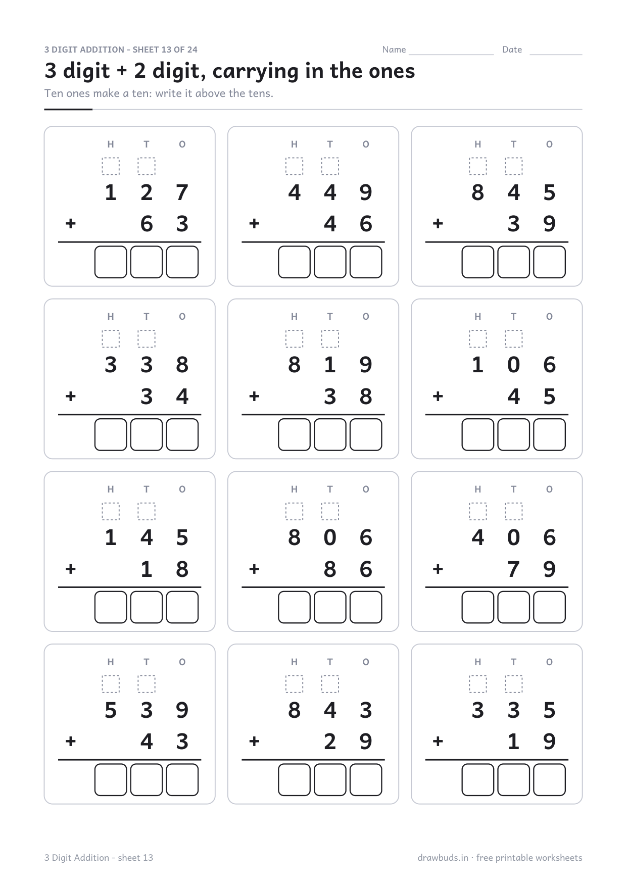 3 digit addition worksheet with a carry box above the tens column