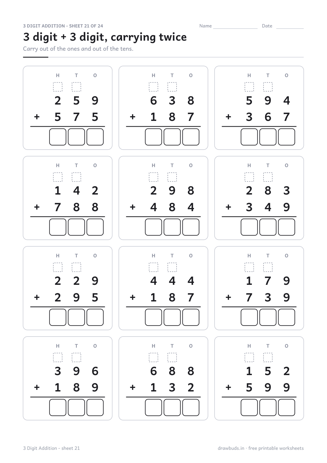 3 digit addition worksheet carrying out of the ones and the tens