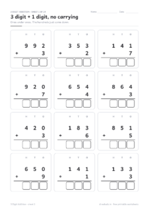 3 digit addition worksheet with twelve column sums under H, T and O headings