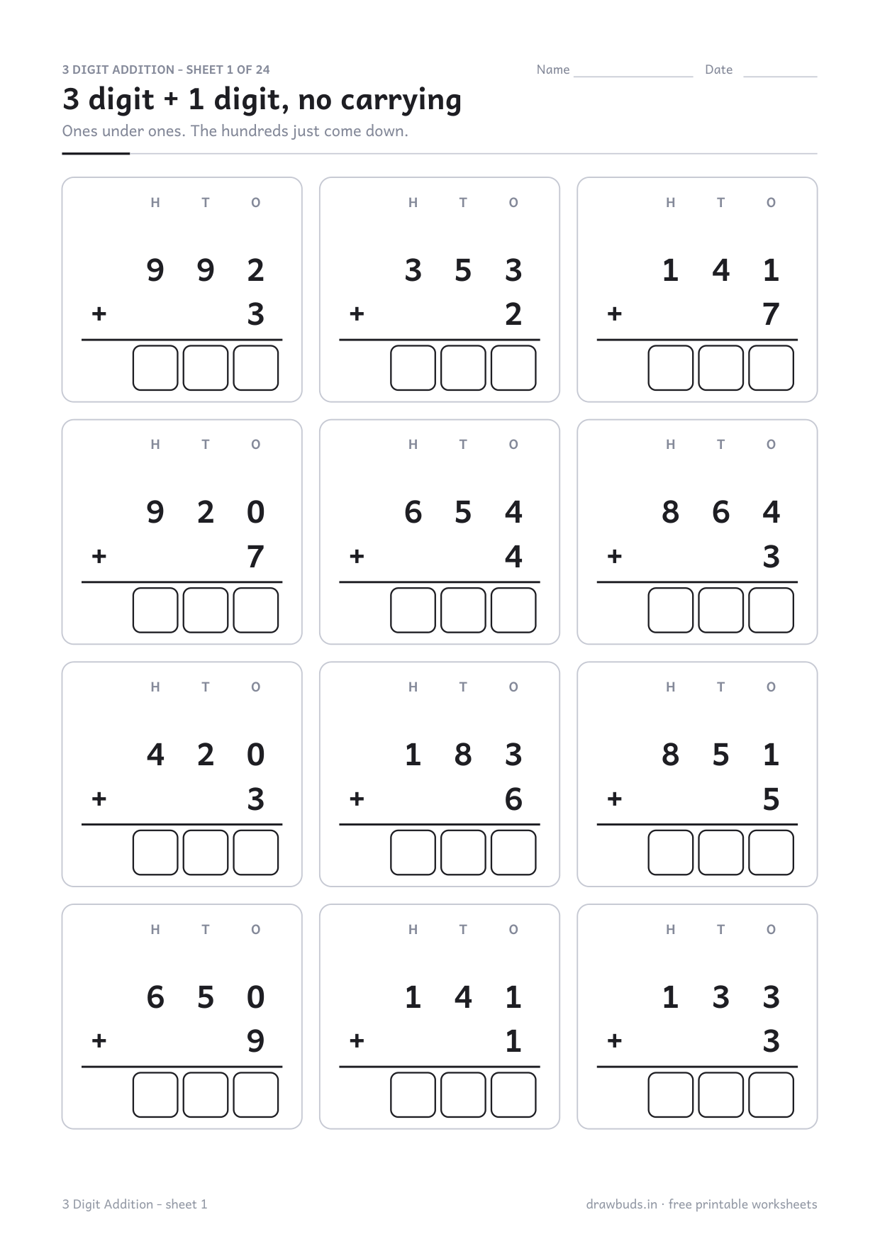 3 digit addition worksheet with twelve column sums under H, T and O headings