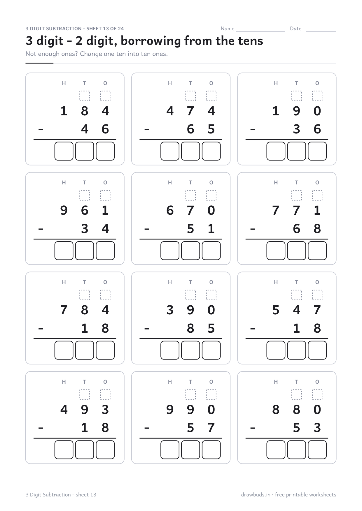 3 digit subtraction worksheet with an exchange box above the ones column