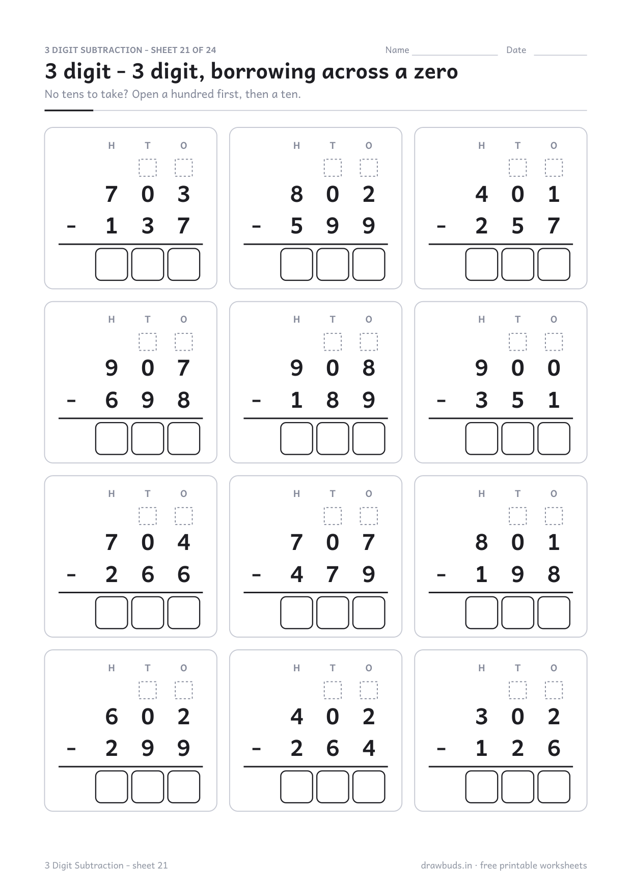 3 digit subtraction worksheet borrowing from the tens and the hundreds