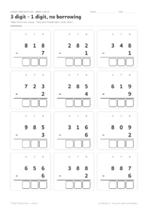 3 digit subtraction worksheet with twelve column sums under H, T and O
